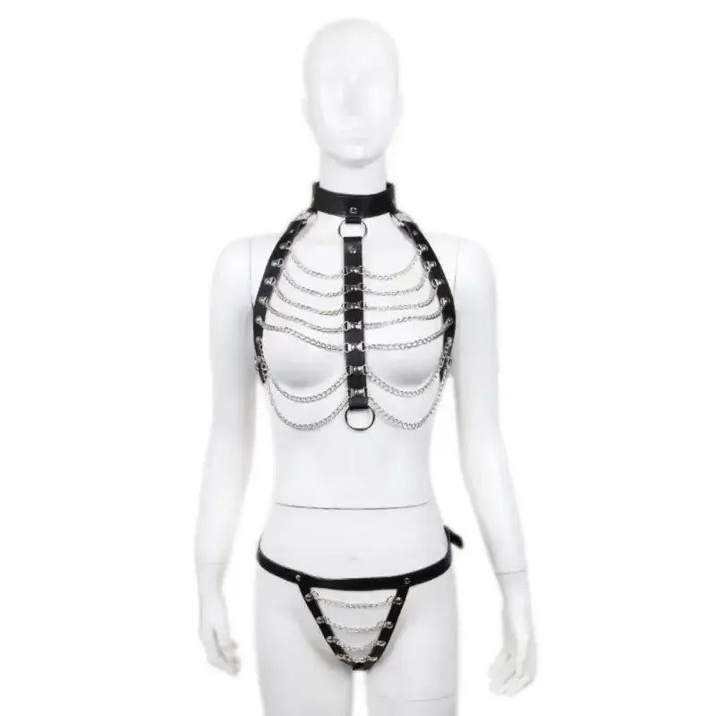 Dominitoy One size Leather Chain Harness & Panty Set – Adjustable BDSM Lingerie for Fetish Play