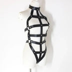 Dominitoy One size Leather Harness Lingerie – Adjustable Cage Bra & Open Crotch