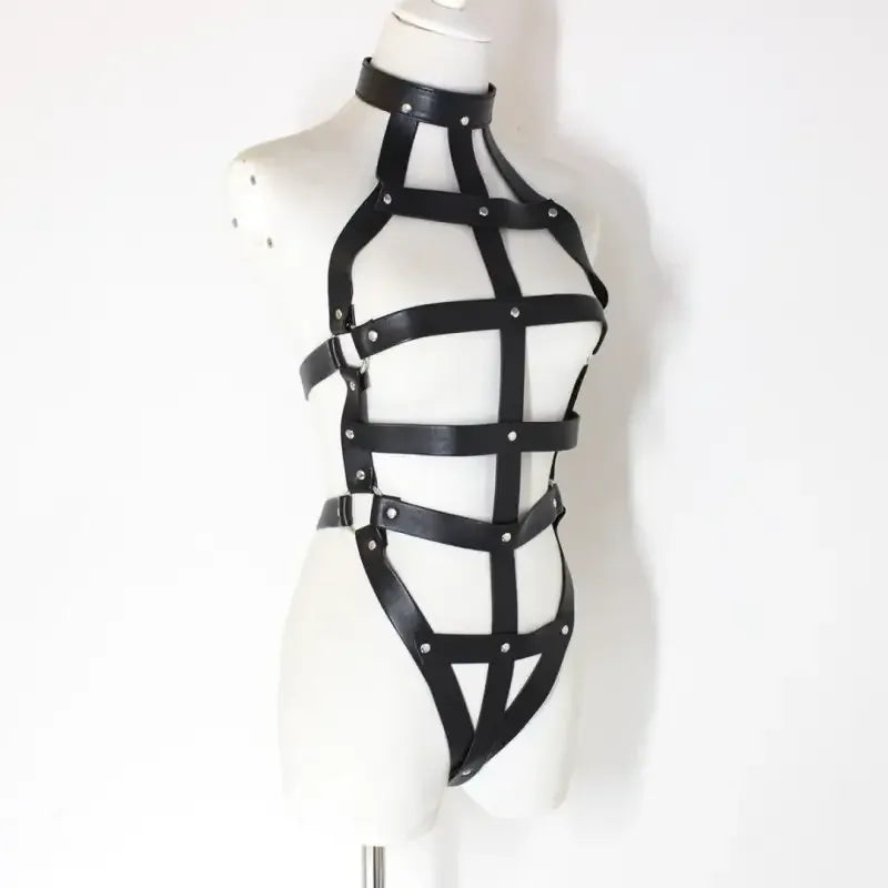 Dominitoy One size Leather Harness Lingerie – Adjustable Cage Bra & Open Crotch