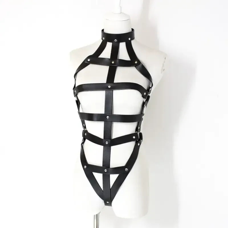 Dominitoy One size Leather Harness Lingerie – Adjustable Cage Bra & Open Crotch