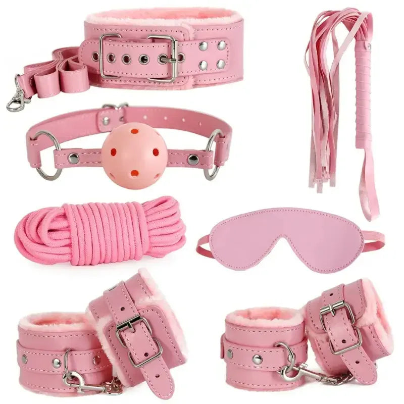 Dominitoy Pink 7-Piece Plush Bondage Kit — PU Leather Restraints
