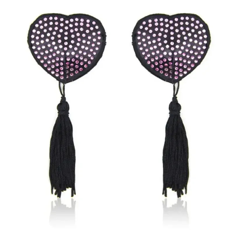 Dominitoy Pink Rhinestone Heart Nipple Covers with Tassels - Reusable Crystal Pasties