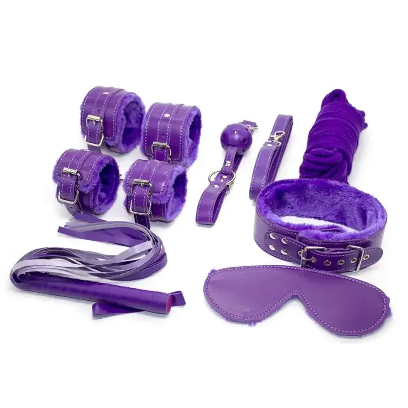 Dominitoy Purple 7-Piece Plush Bondage Kit — PU Leather Restraints