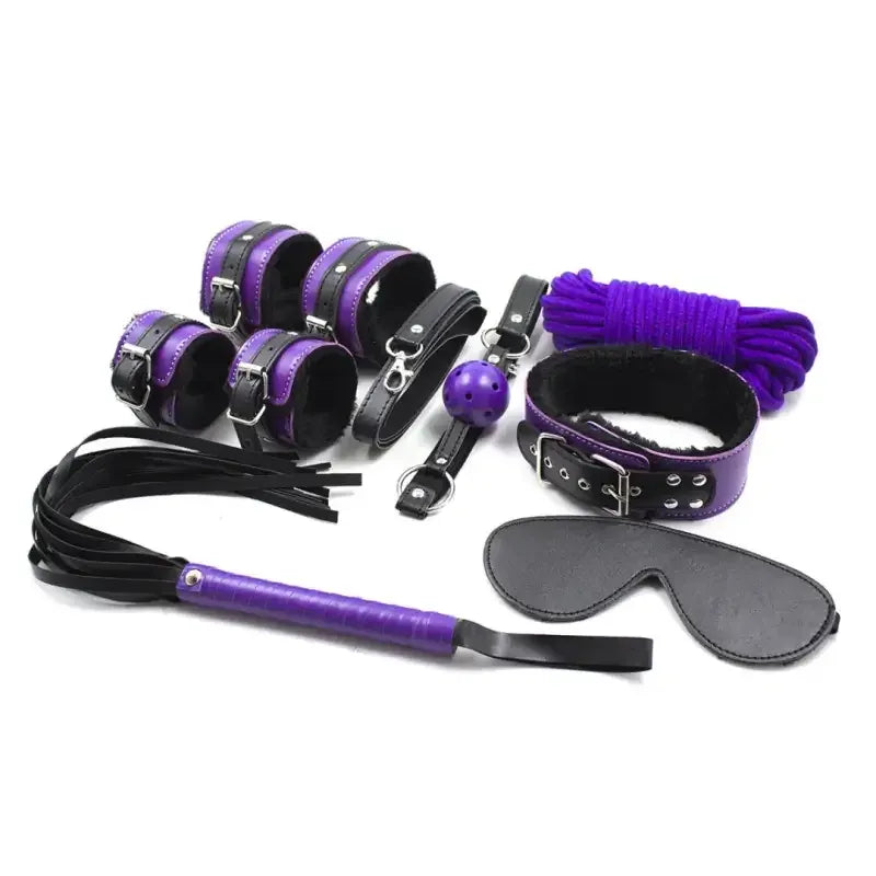 Dominitoy Purple&Black 7-Piece Plush Bondage Kit — PU Leather Restraints