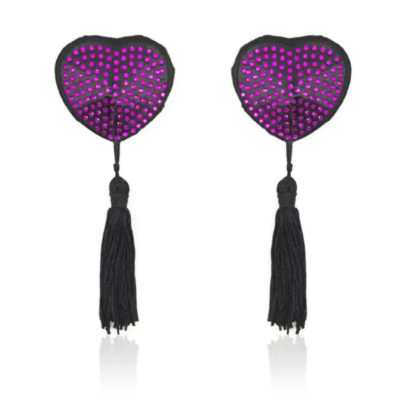 Dominitoy Purple Rhinestone Heart Nipple Covers with Tassels - Reusable Crystal Pasties