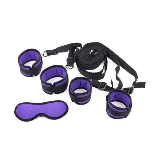 Dominitoy Purple Under Bed 4‑Point Restraint Kit, Soft Padded Cuffs & Blindfold
