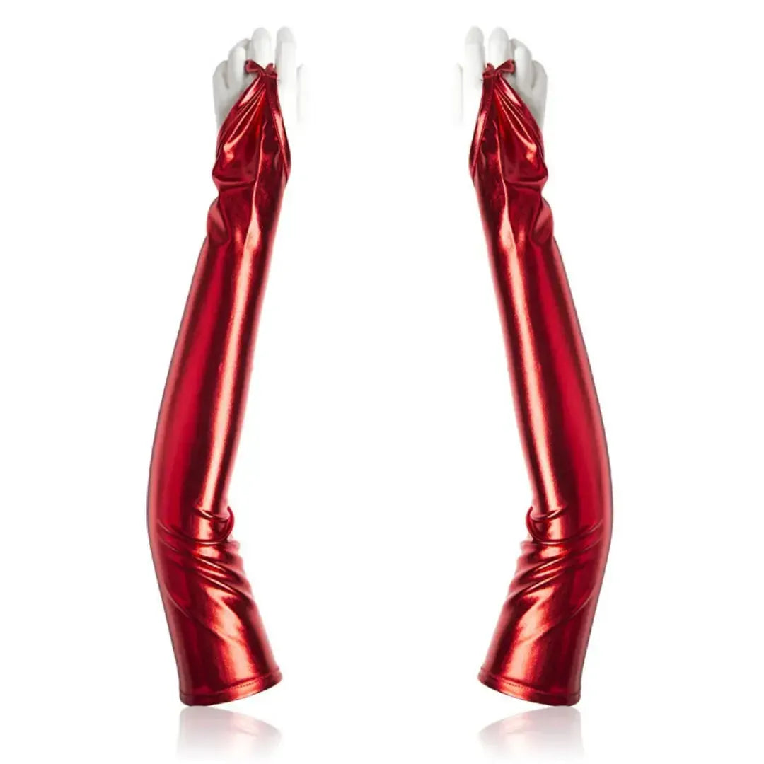 Dominitoy Red 50cm Long PU Fetish Gloves — Shiny Thumb-Loop Opera Gloves for Roleplay