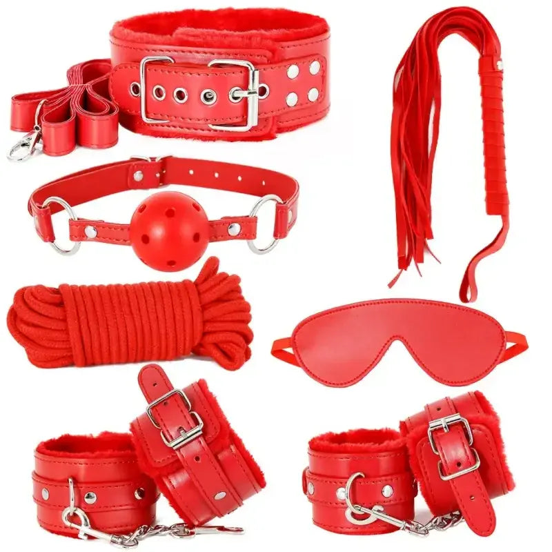 Dominitoy Red 7-Piece Plush Bondage Kit — PU Leather Restraints
