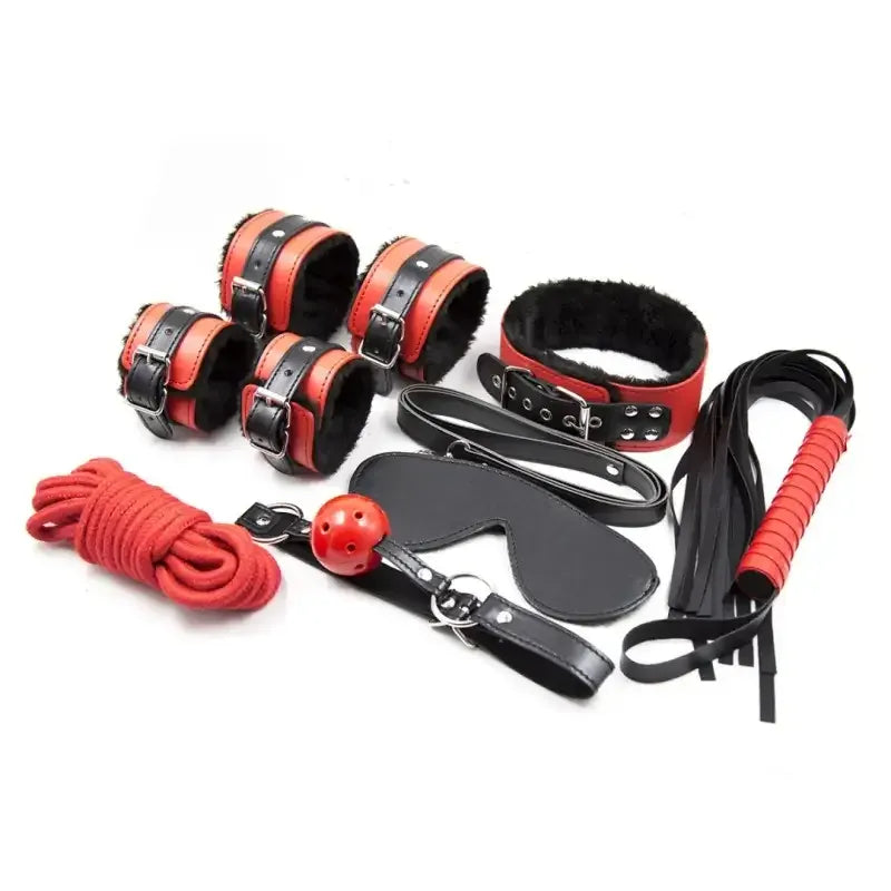 Dominitoy Red&Black 7-Piece Plush Bondage Kit — PU Leather Restraints
