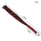 Dominitoy red black rope flogger size chart showing 63cm length and 124g weight