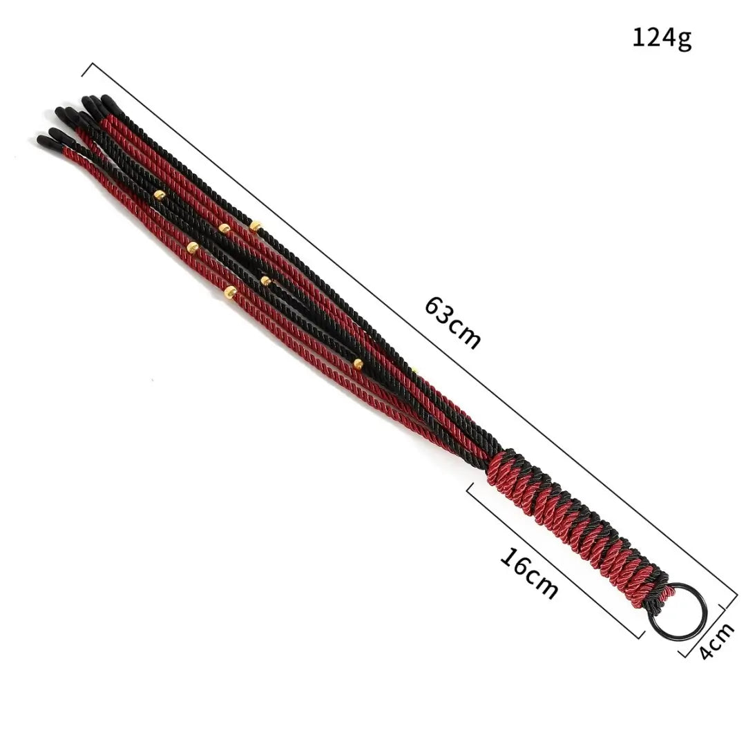 Dominitoy red black rope flogger size chart showing 63cm length and 124g weight