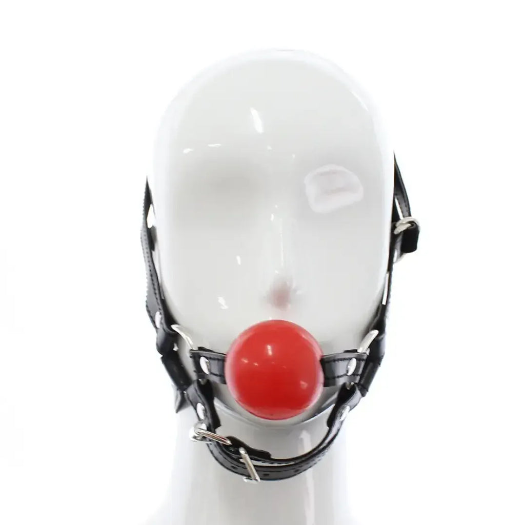 Dominitoy Red Leather Harness Ball Gag — Adjustable Silicone Ball Gag for Couples
