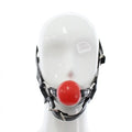 Dominitoy Red Leather Harness Ball Gag — Adjustable Silicone Ball Gag for Couples