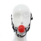 Dominitoy Red Leather Harness Ball Gag — Adjustable Silicone Ball Gag for Couples