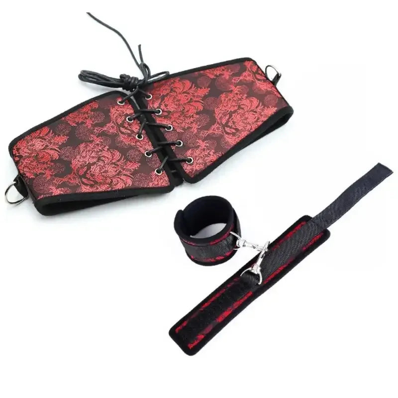 Dominitoy Red / One size Red Brocade Corset Belt + Detachable Cuffs – Chinese Floral Cincher
