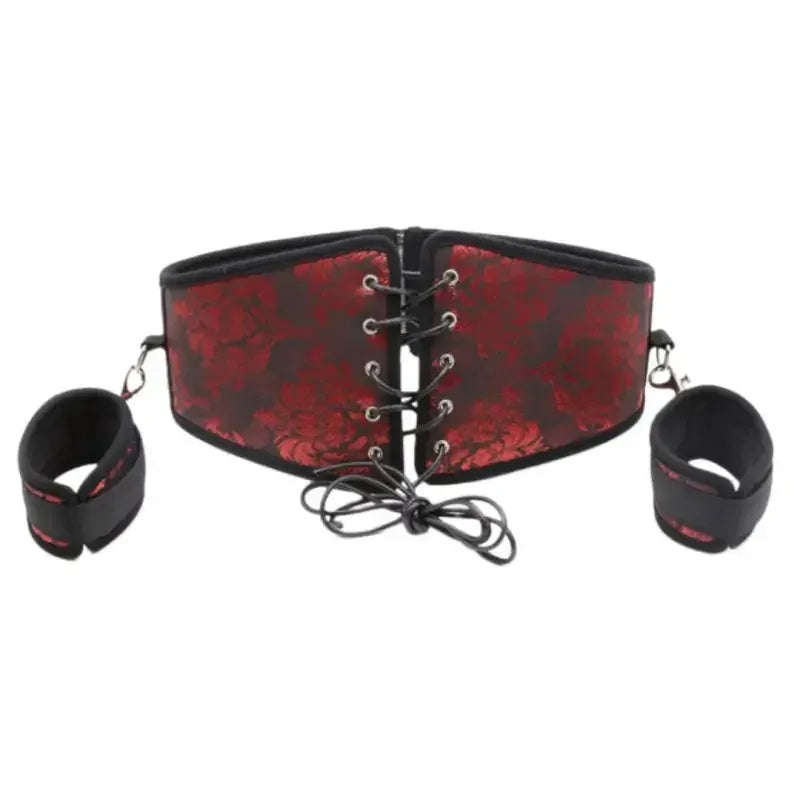 Dominitoy Red / One size Red Brocade Corset Belt + Detachable Cuffs – Chinese Floral Cincher