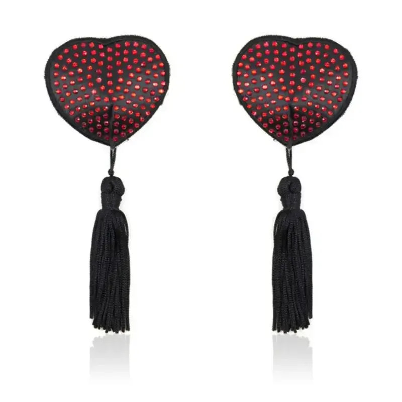 Dominitoy Red Rhinestone Heart Nipple Covers with Tassels - Reusable Crystal Pasties