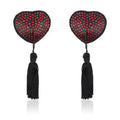 Dominitoy Red Rhinestone Heart Nipple Covers with Tassels - Reusable Crystal Pasties