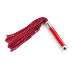 Dominitoy red double sided suede flogger with metal ball handle on white background
