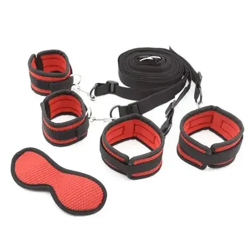 Dominitoy Red Under Bed 4‑Point Restraint Kit, Soft Padded Cuffs & Blindfold