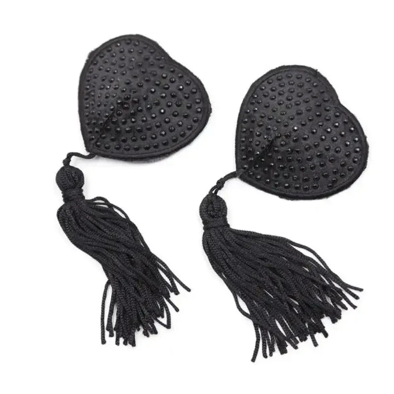 Dominitoy Rhinestone Heart Nipple Covers with Tassels - Reusable Crystal Pasties