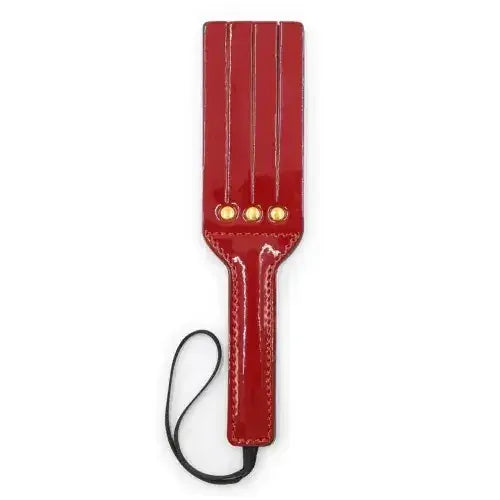Dominitoy Split Slapper Spanking Paddle, Red Patent PU with Wrist Loop