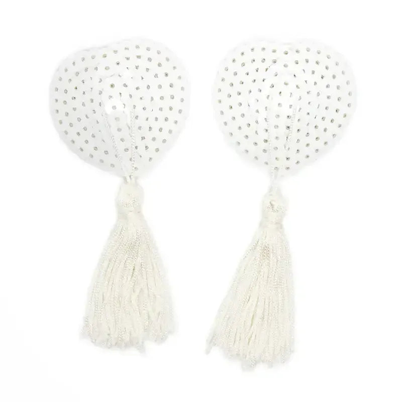 Dominitoy White Heart Shaped Nipple Covers with Sequins + Tassels