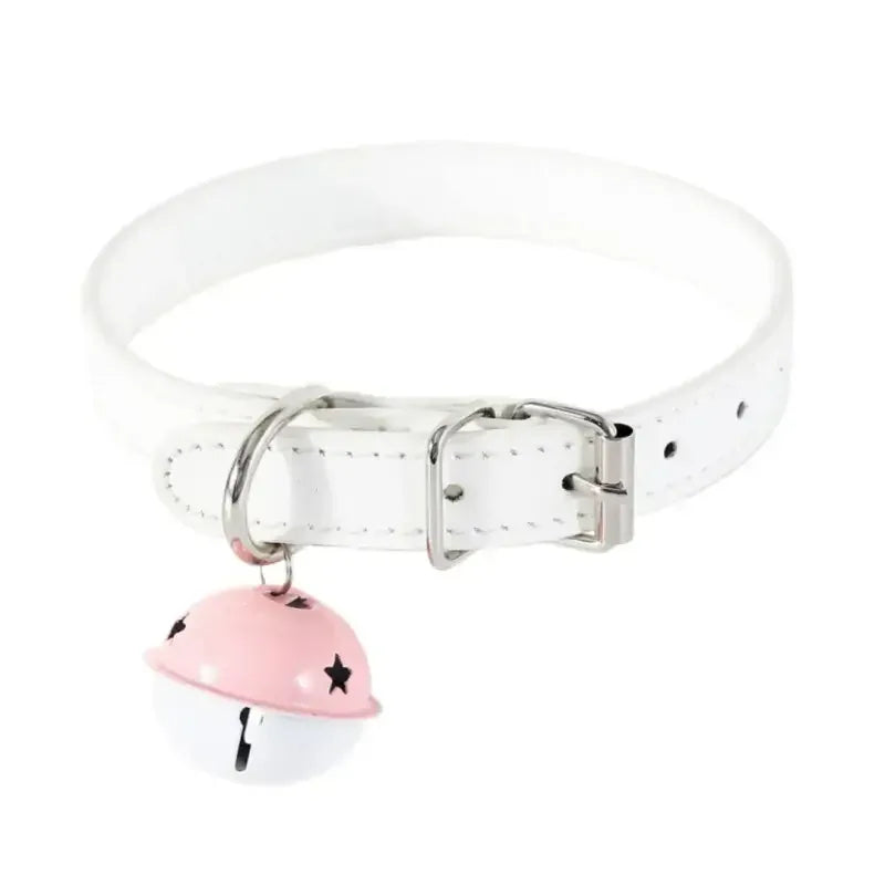 Dominitoy White Leather BDSM Collar with Bell - Adjustable Bondage Restraint