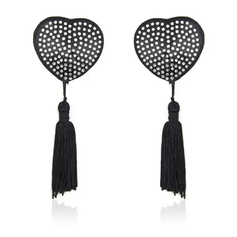 Dominitoy White Rhinestone Heart Nipple Covers with Tassels - Reusable Crystal Pasties