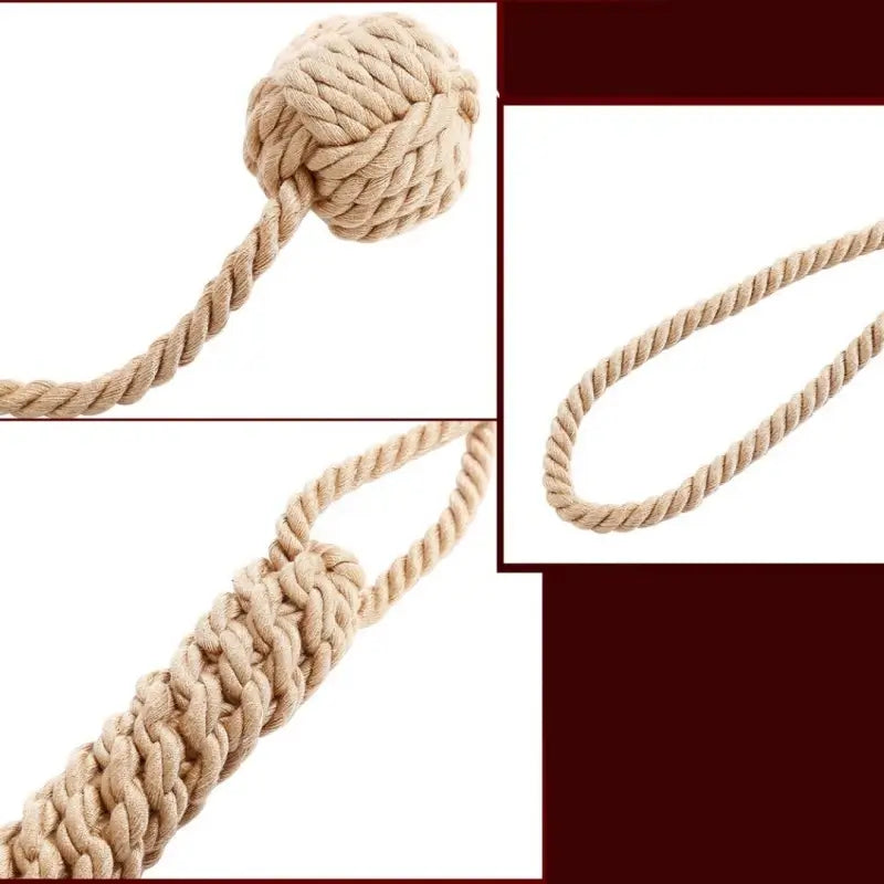 Close-up details of Dominitoy rope ball flogger showing monkey fist knot and handle
