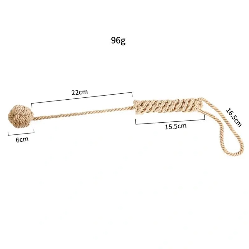 Dominitoy yellow rope ball flogger size chart showing 43cm total length and 96g weight