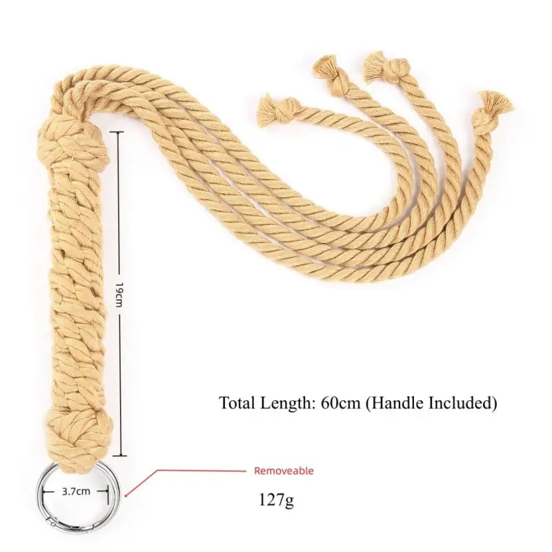  Dominitoy yellow rope flogger size chart showing 60cm total length and 127g weight