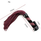Mini suede flogger size chart showing 16.5 cm total length, 11.5 cm handle, 7.5 cm wrist loop and 44 g weight