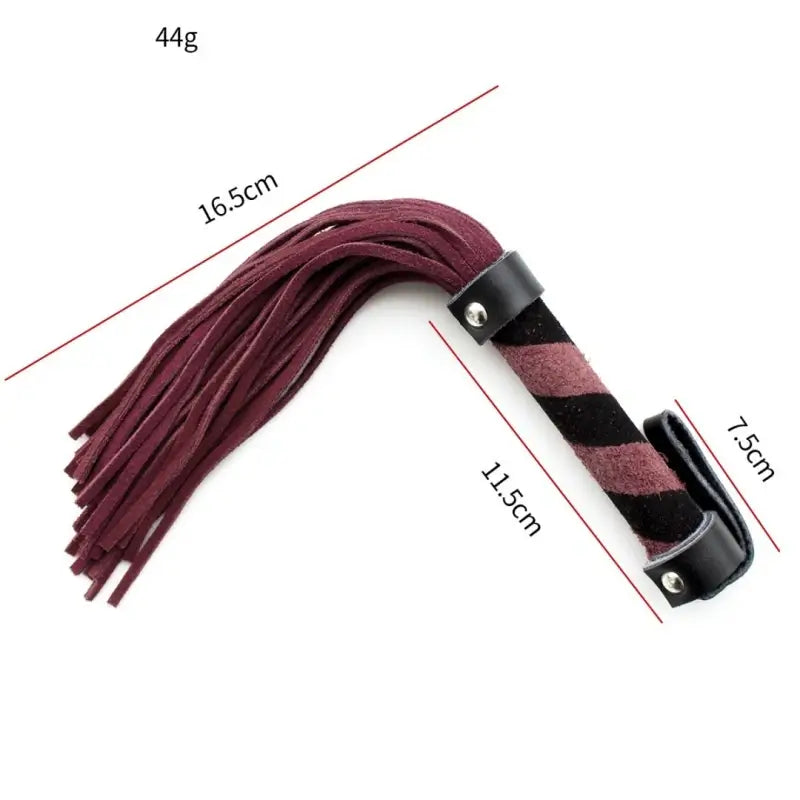 Mini suede flogger size chart showing 16.5 cm total length, 11.5 cm handle, 7.5 cm wrist loop and 44 g weight