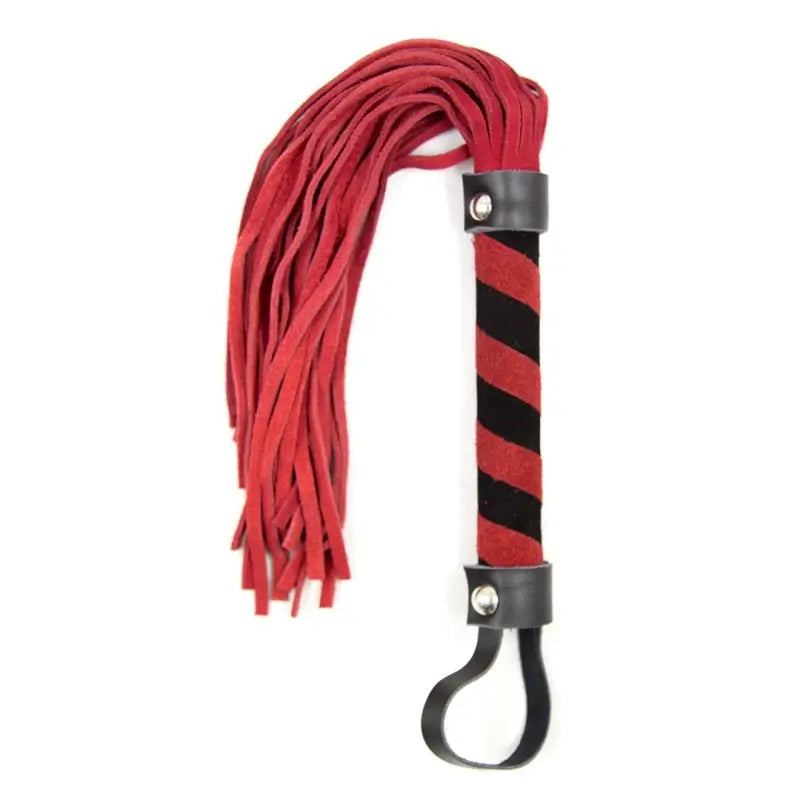 Red and black striped suede handle detail with snap-stud leather cap