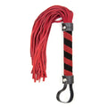 Red and black striped suede handle detail with snap-stud leather cap